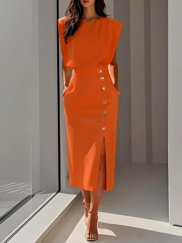 Sleeveless Midi Dress with Side Button Detail & Front Slit 9