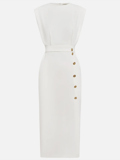 Effortless Charm Midi Dress — Round Neckline & Button Slit Detail 12
