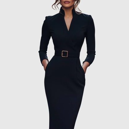 Claribel Refined Midi Dress — Mock Wrap Pencil Silhouette 1