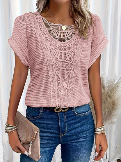 Women's Blouse with Decorative Crochet-Style Neckline Detail 5