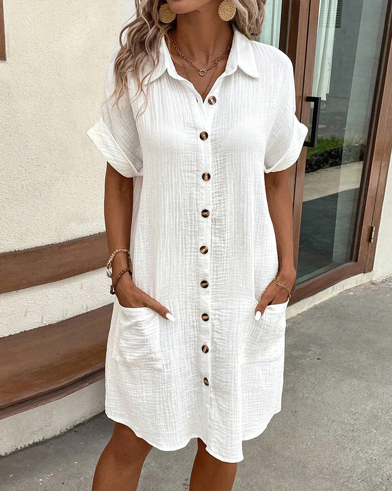 Collared Mini Shirt Dress with Button Front & Pockets 1