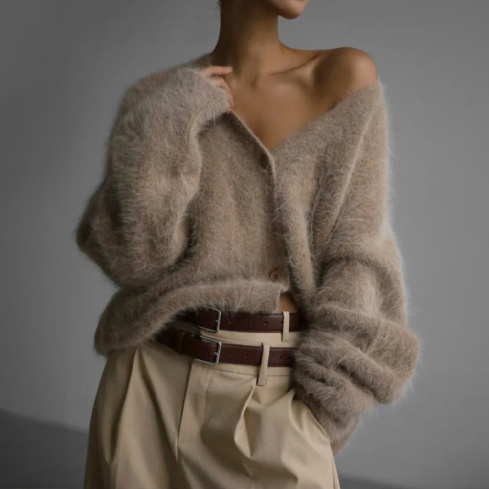 Women's Oversized Fuzzy Button-Front Cardigan — Deep V-Neck 2