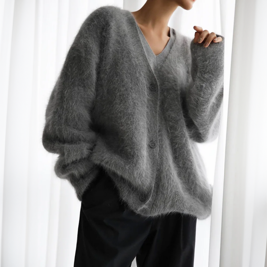 Women's Oversized Fuzzy Button-Front Cardigan — Deep V-Neck 3