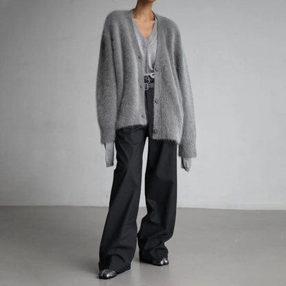 Women's Oversized Fuzzy Button-Front Cardigan — Deep V-Neck 4