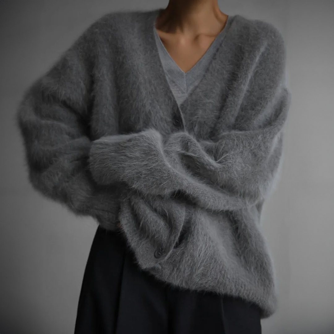 Women's Oversized Fuzzy Button-Front Cardigan — Deep V-Neck 5