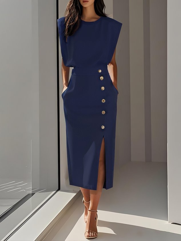 Sleeveless Midi Dress with Side Button Detail & Front Slit 8