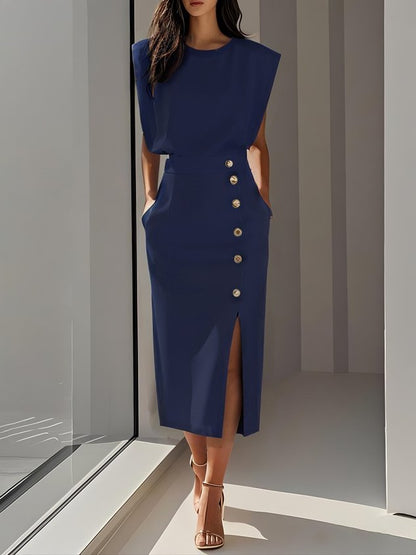 Sleeveless Midi Dress with Side Button Detail & Front Slit 8