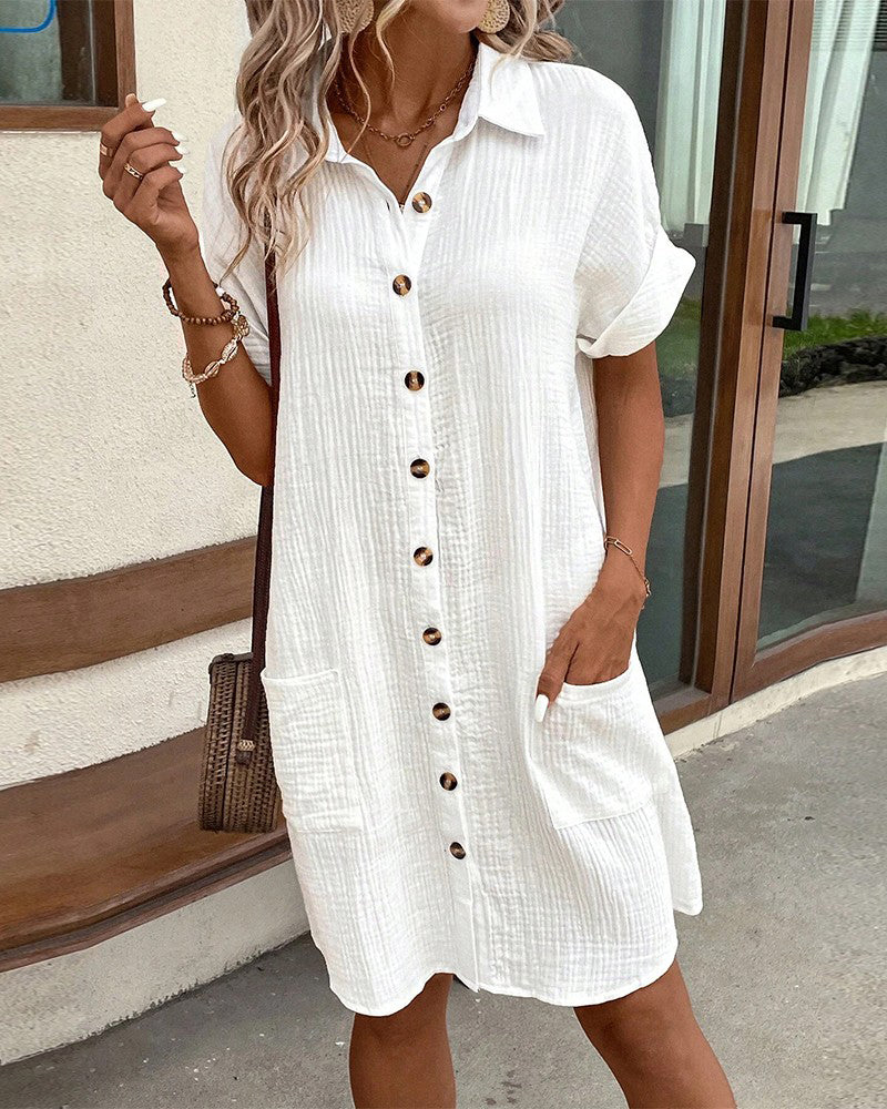 Collared Mini Shirt Dress with Button Front & Pockets 5