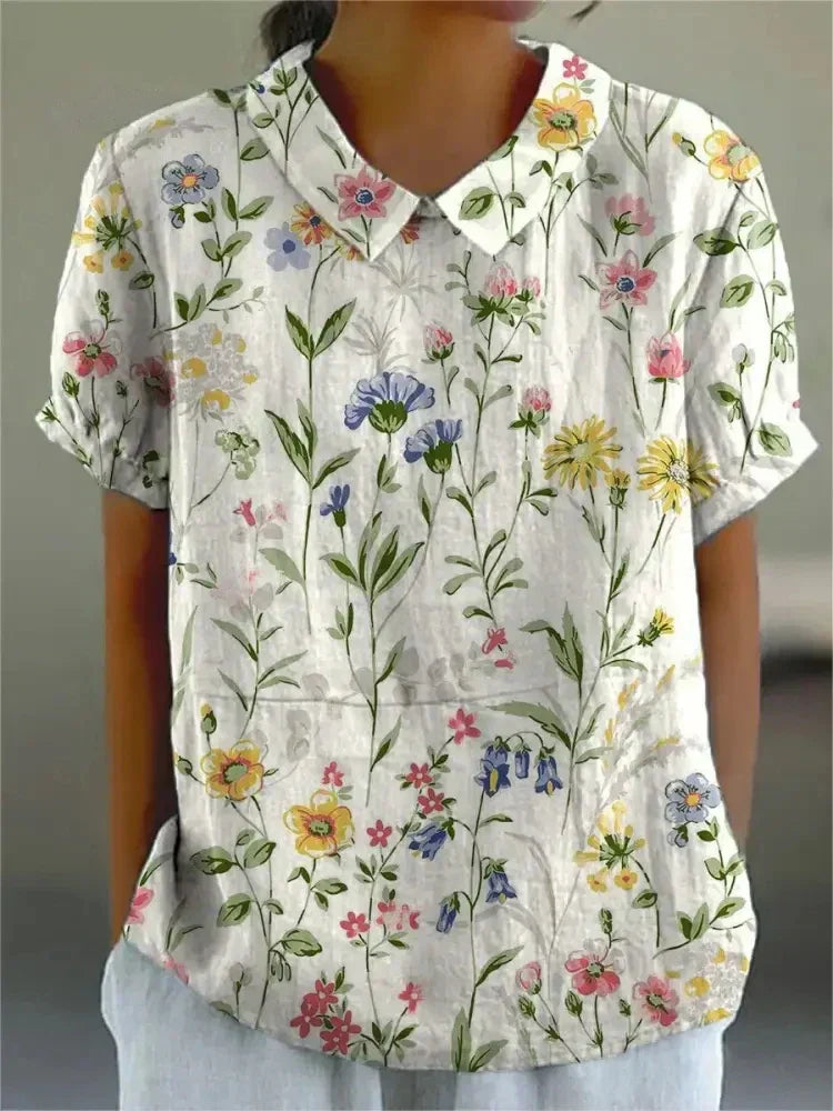 Women's Floral Print Blouse with Collared Neckline & Short Sleeves 2