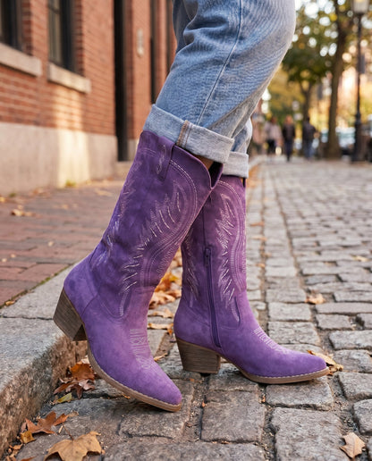 Women's Embroidered Suede Cowboy Boots — Knee-High Western Style 20