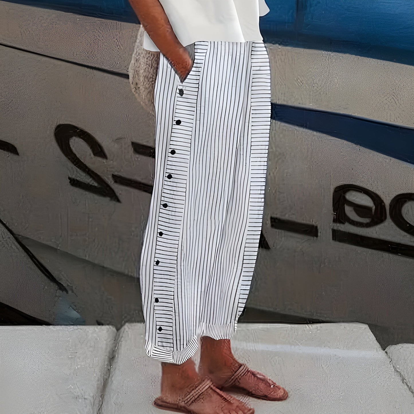 Women's Striped Trousers with Side Button Panel & Turn-Up Cuff 12