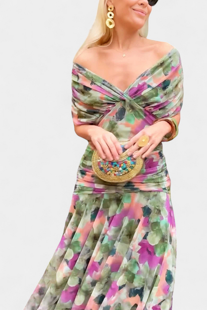 Eryzziah Elegant Floral Maxi Dress with V-Neckline & Pleated Waist 6