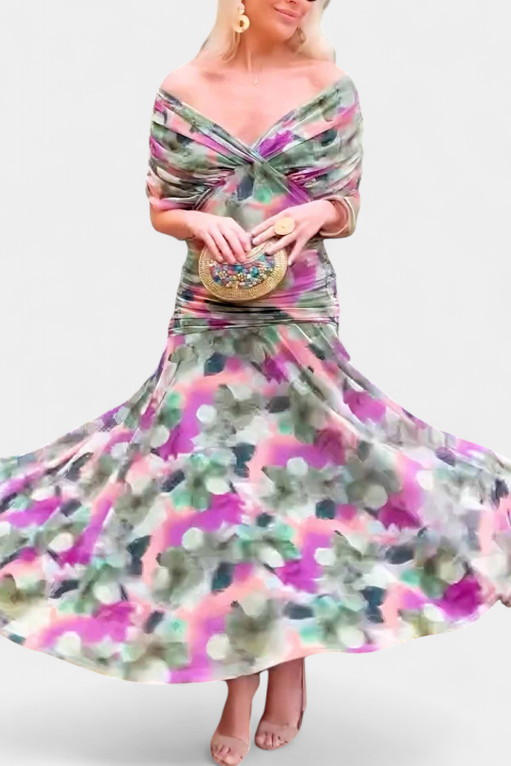 Eryzziah Elegant Floral Maxi Dress with V-Neckline & Pleated Waist 7