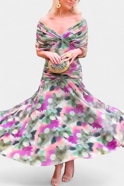 Eryzziah Elegant Floral Maxi Dress with V-Neckline & Pleated Waist 7