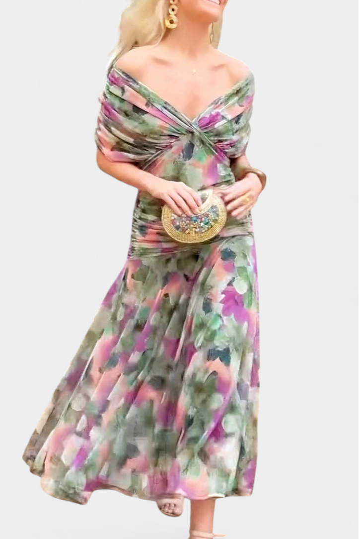 Eryzziah Elegant Floral Maxi Dress with V-Neckline & Pleated Waist 9
