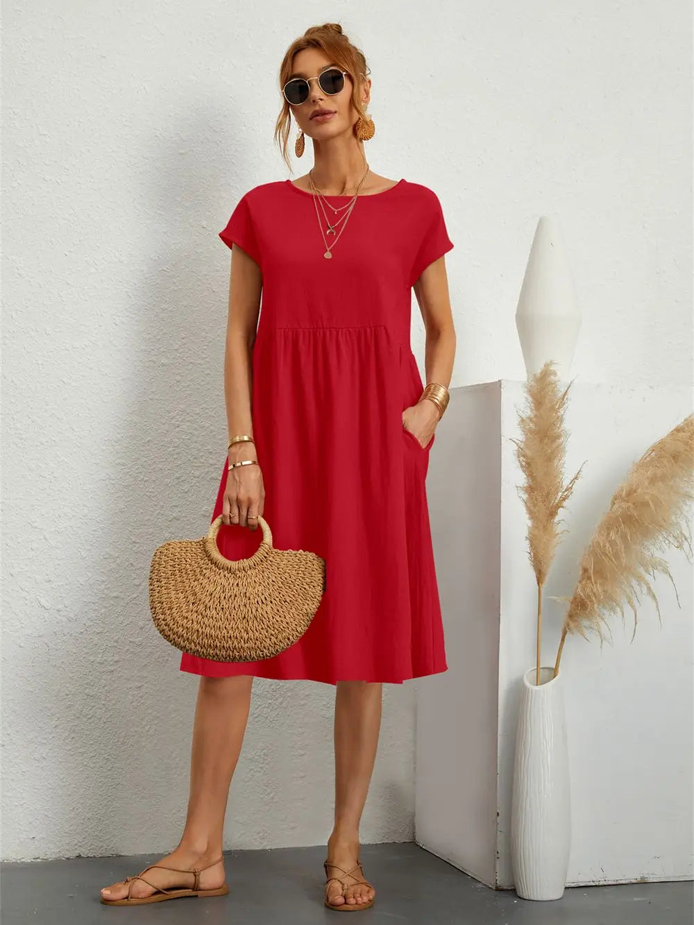 Women's Casual Midi Dress Short Sleeve with Side Pockets 1