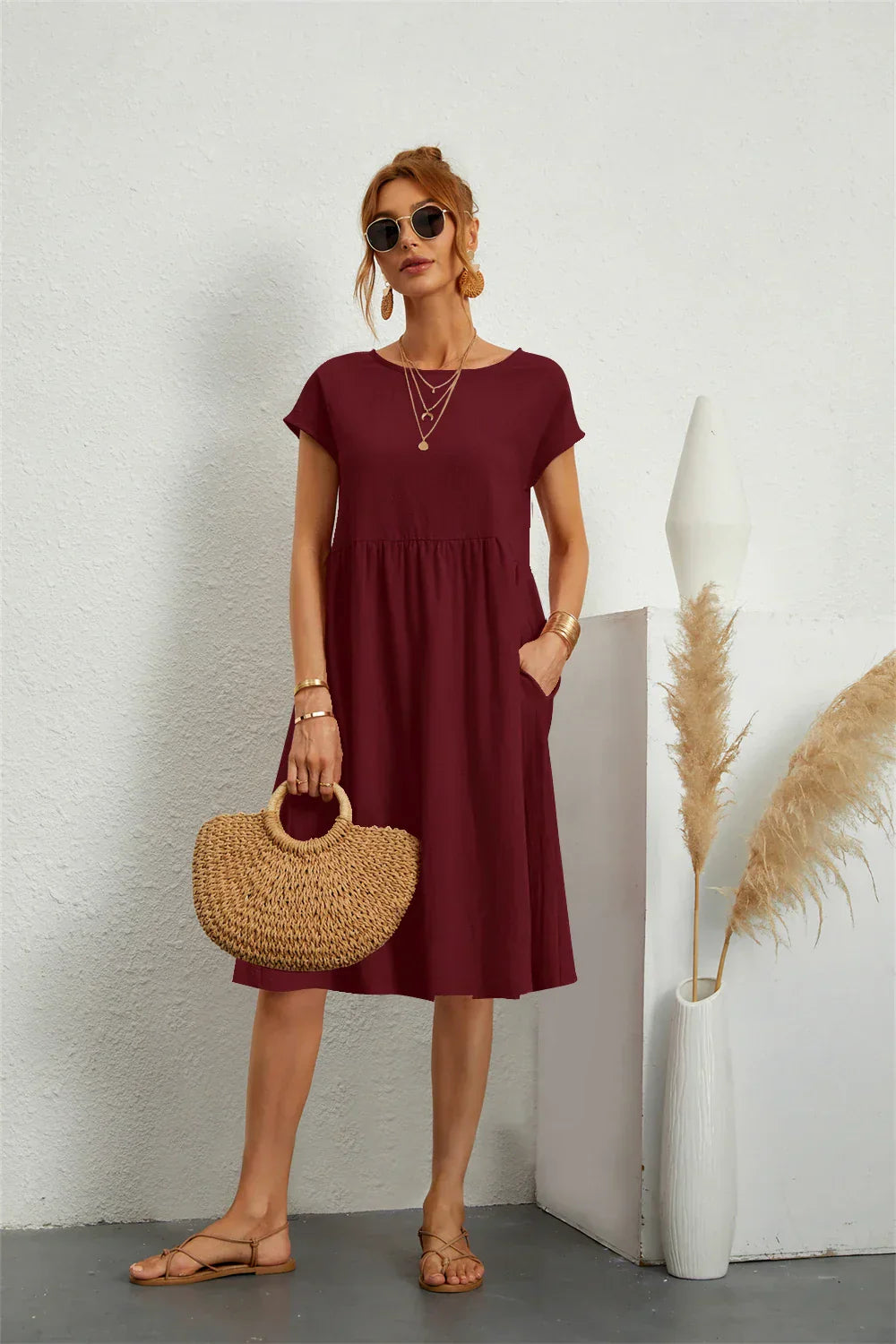 Women's Casual Midi Dress Short Sleeve with Side Pockets 11