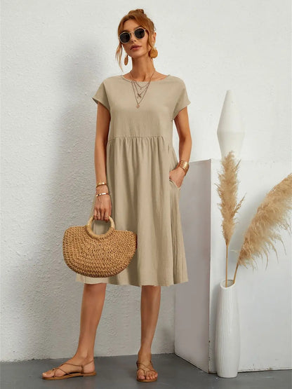 Women's Casual Midi Dress Short Sleeve with Side Pockets 3