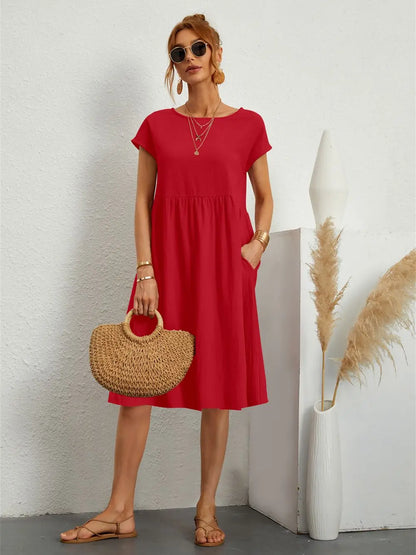 Women's Casual Midi Dress Short Sleeve with Side Pockets 7