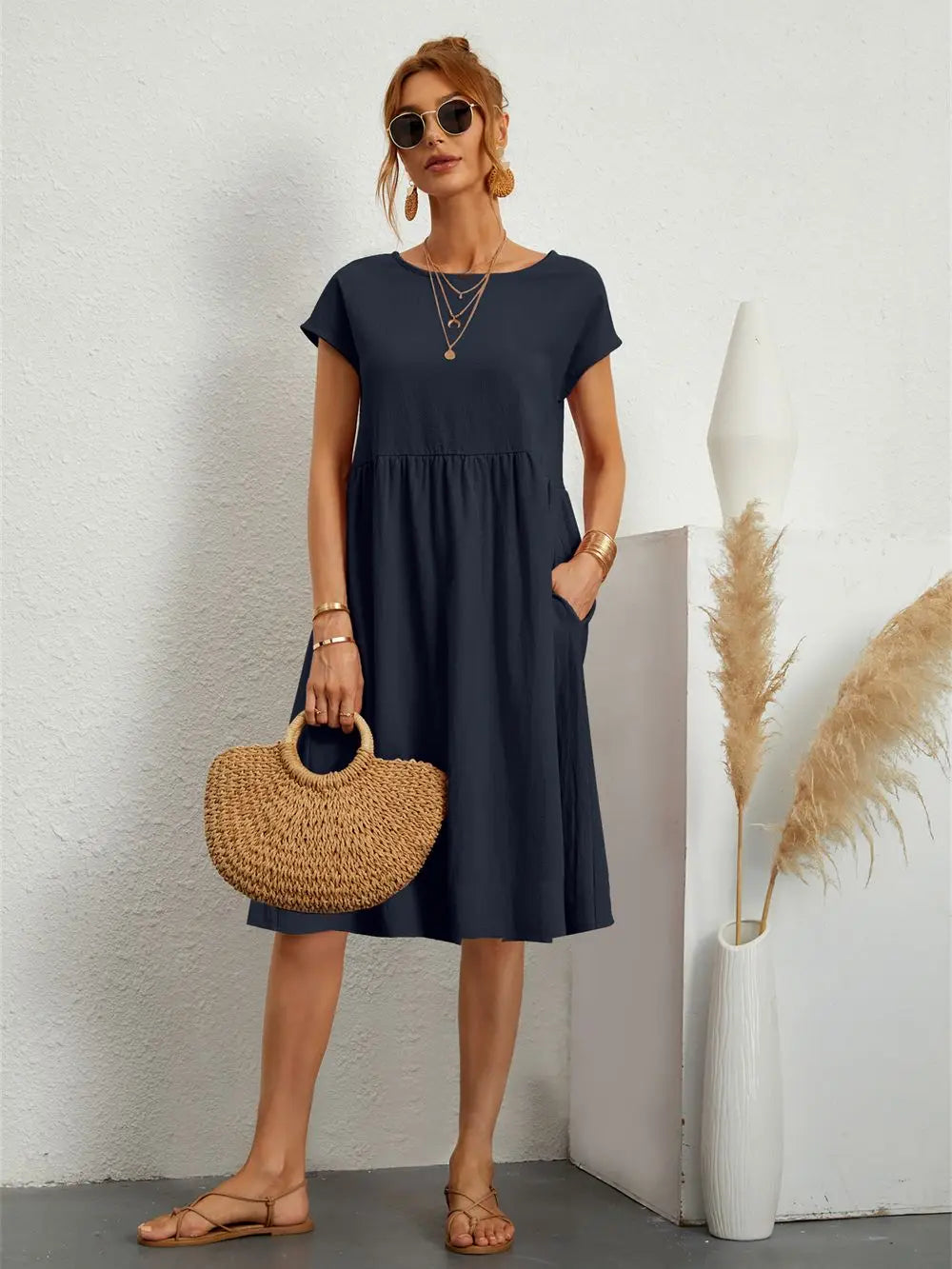 Women's Casual Midi Dress Short Sleeve with Side Pockets 10