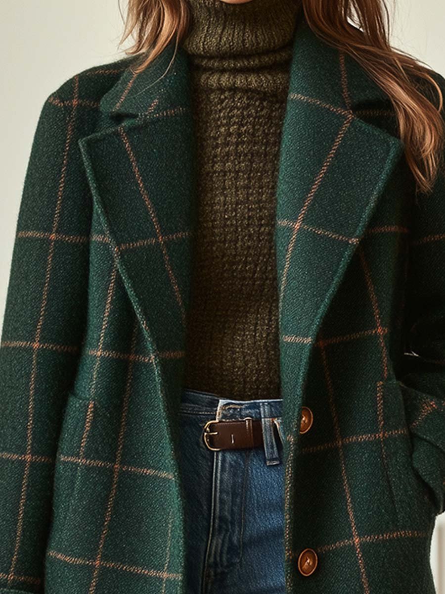 Women's Wool-Blend Check Coat — Lapel Collar Tweed Style 2