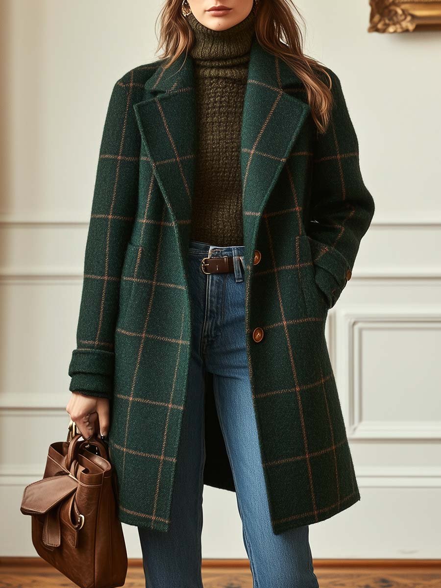 Women's Wool-Blend Check Coat — Lapel Collar Tweed Style 1