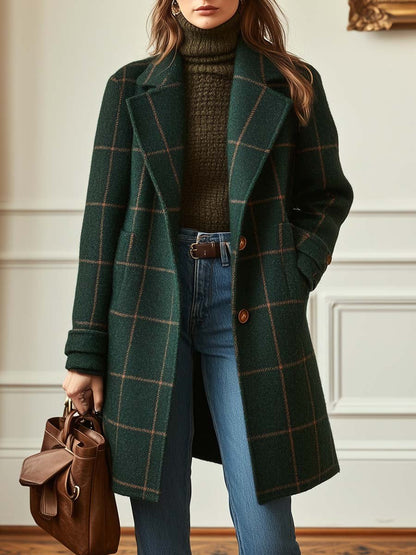 Women's Wool-Blend Check Coat — Lapel Collar Tweed Style 1