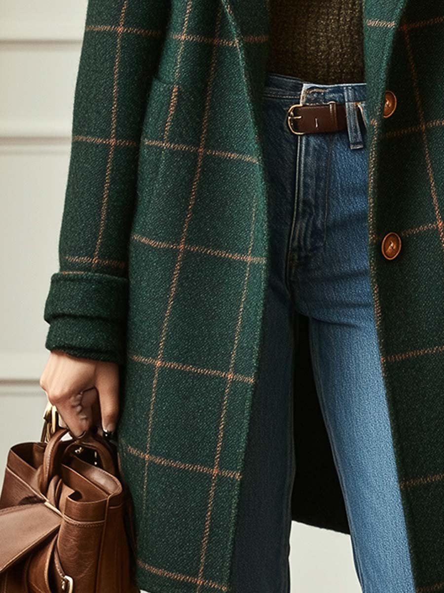 Women's Wool-Blend Check Coat — Lapel Collar Tweed Style 4