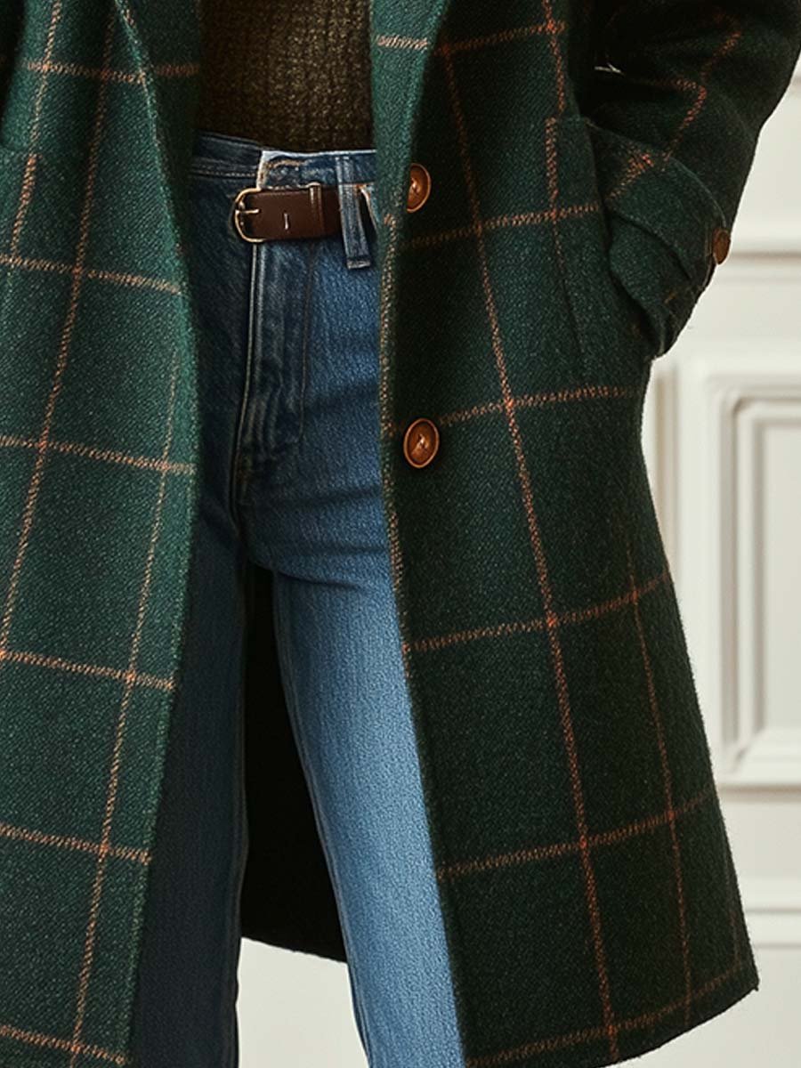 Women's Wool-Blend Check Coat — Lapel Collar Tweed Style 6