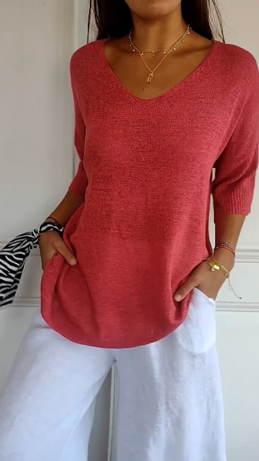 Women's V-Neck Knit Top — Slim Fit Lightweight Sweater 2