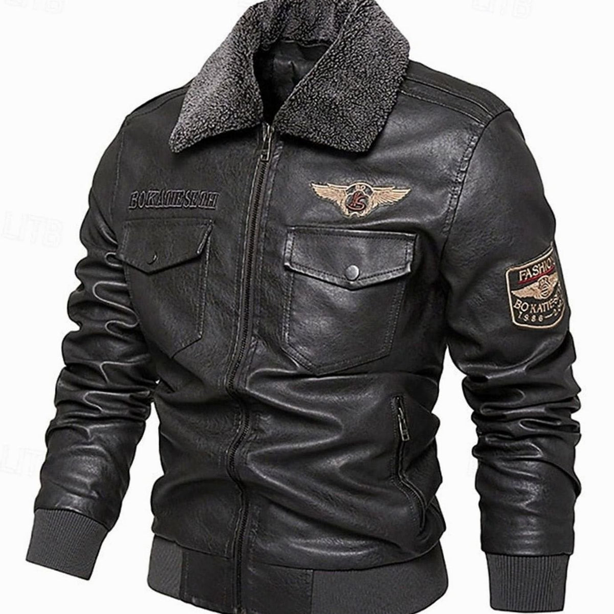 Men's Faux Leather Aviator Bomber Jacket — Sherpa Collar 5