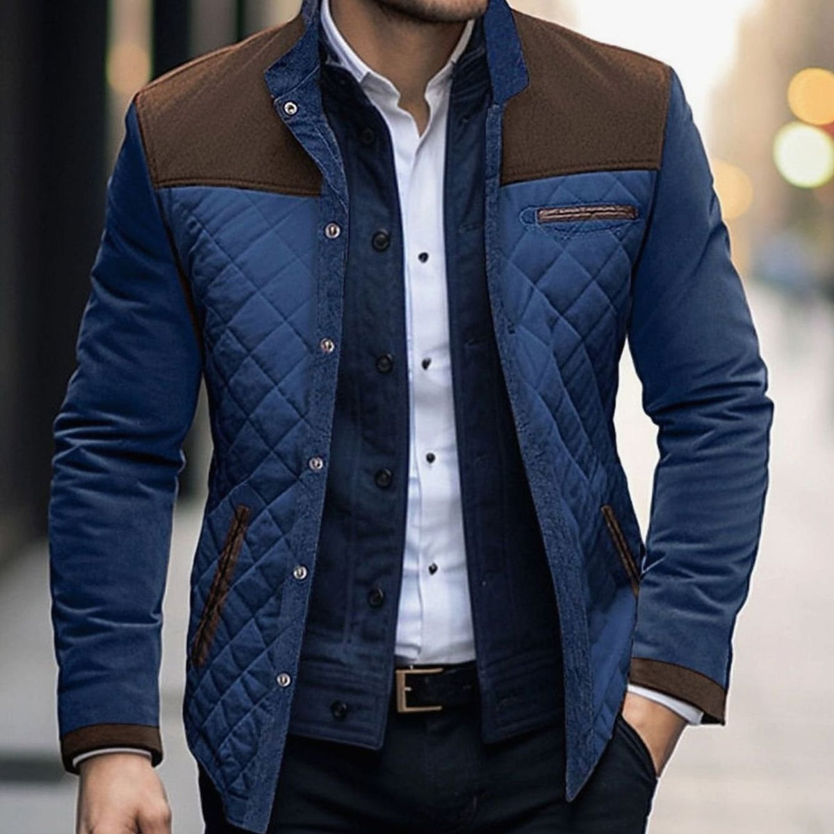 Men's Quilted Color Block Jacket — Stand Collar Snap-Front 1