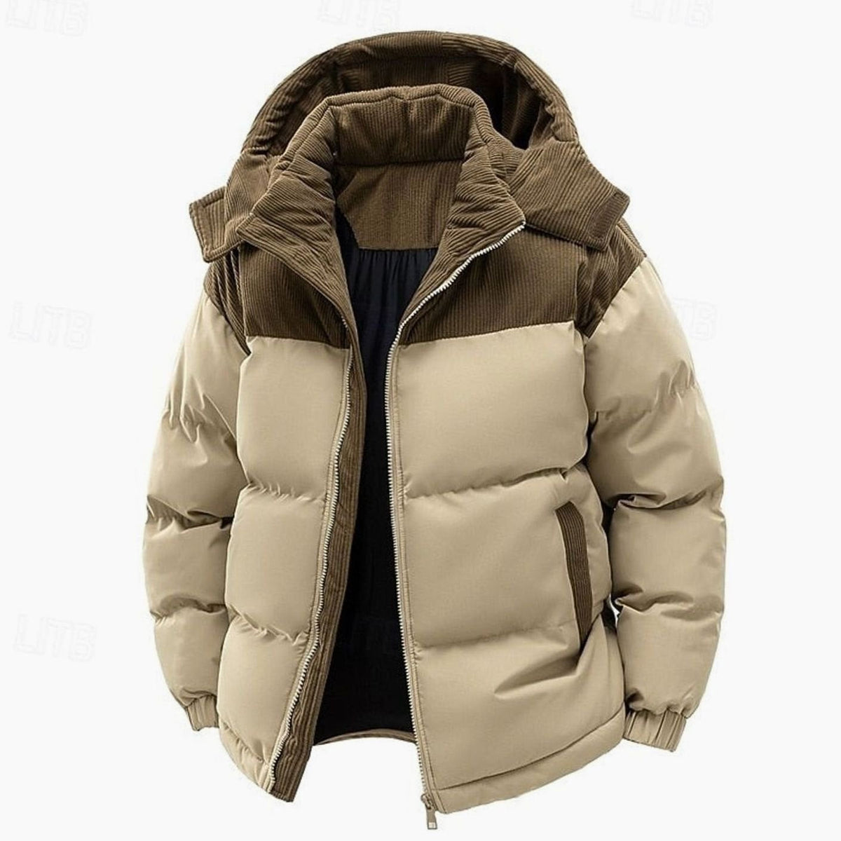 Men's Quilted Hooded Puffer Jacket — Two-Tone Corduroy Trim 1