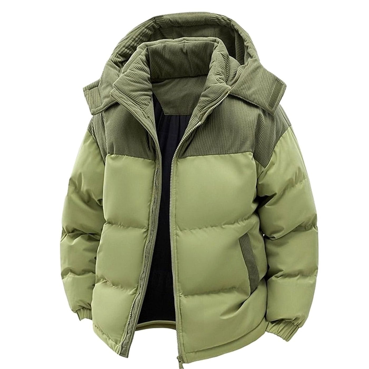 Men's Quilted Hooded Puffer Jacket — Two-Tone Corduroy Trim 6