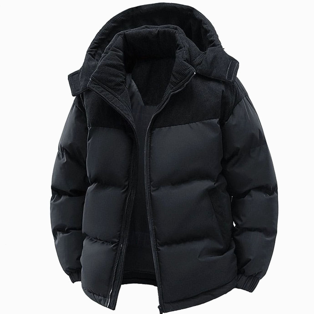 Men's Quilted Hooded Puffer Jacket — Two-Tone Corduroy Trim 7