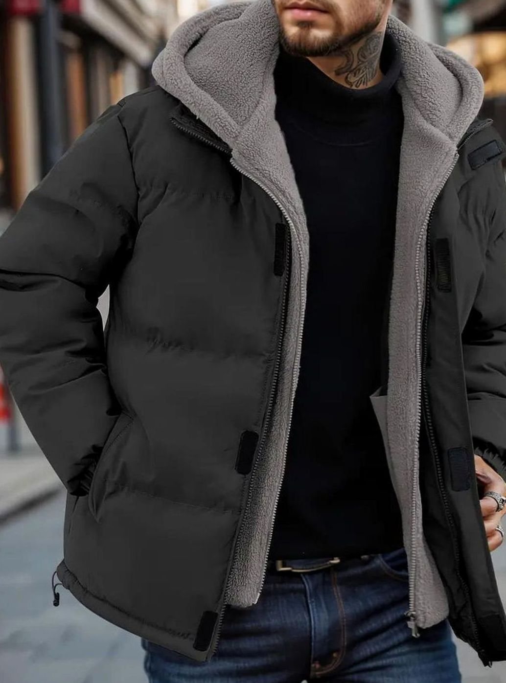 Men's Sherpa-Lined Hooded Puffer Jacket — Full Zip Urban 1