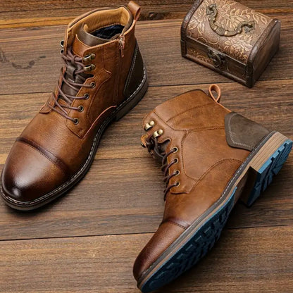 Men's Vintage Cap-Toe Lace-Up Leather Boots — Brown 1
