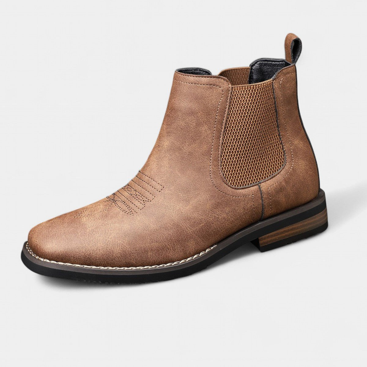 Men's Western Chelsea Slip-On Ankle Boots — Faux Leather Block Heel 1