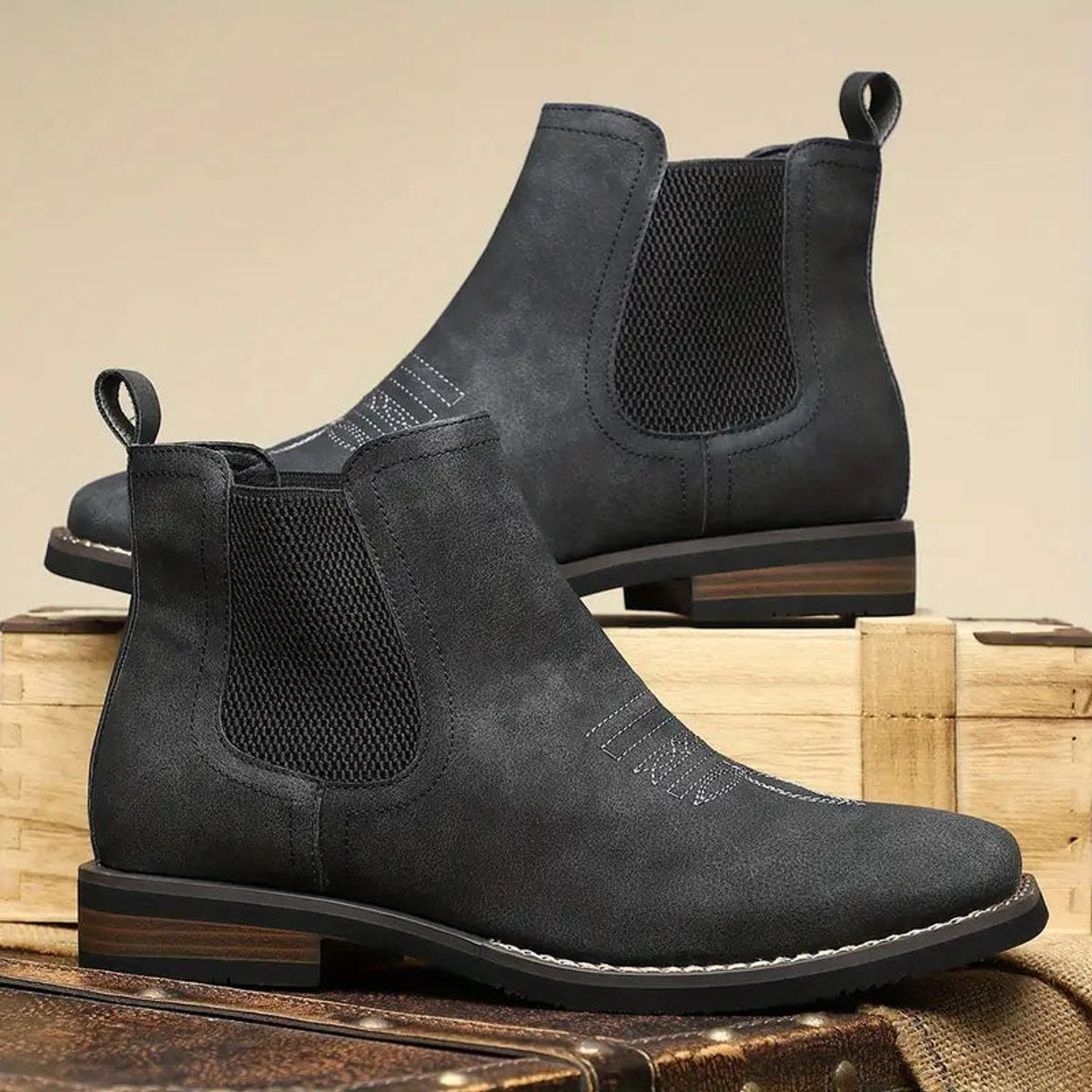 Men's Western Chelsea Slip-On Ankle Boots — Faux Leather Block Heel 11