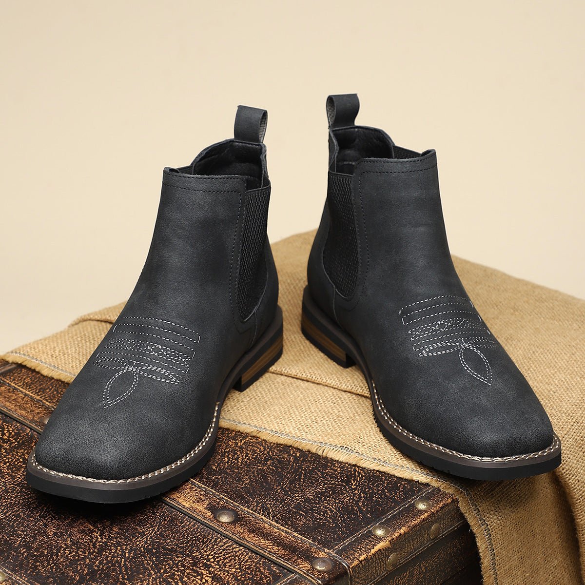 Men's Western Chelsea Slip-On Ankle Boots — Faux Leather Block Heel 12