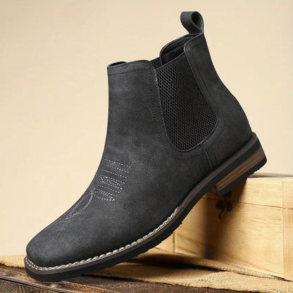 Men's Western Chelsea Slip-On Ankle Boots — Faux Leather Block Heel 13