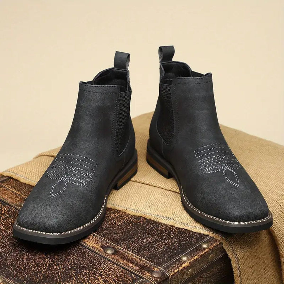 Men's Western Chelsea Slip-On Ankle Boots — Faux Leather Block Heel 14