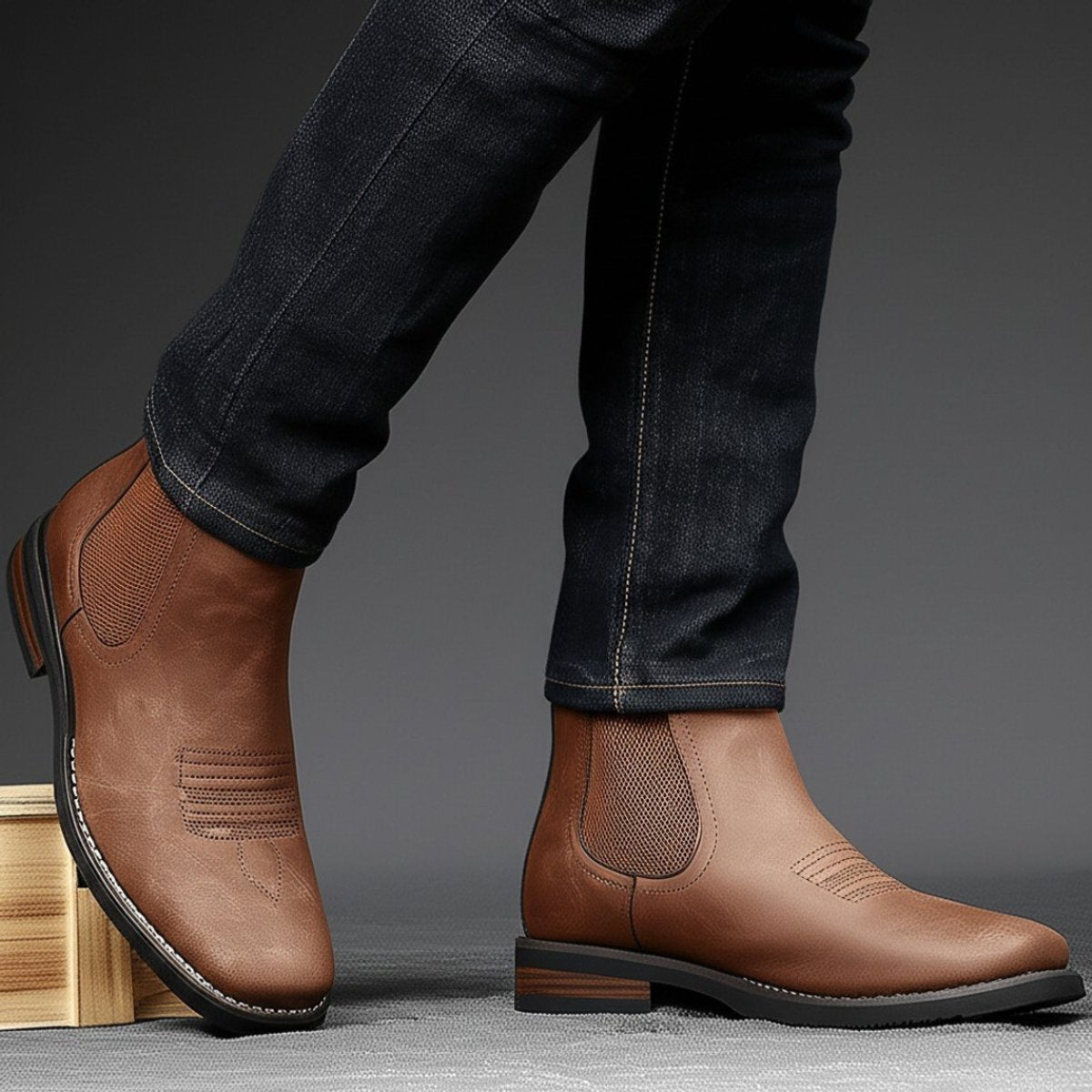 Men's Western Chelsea Slip-On Ankle Boots — Faux Leather Block Heel 2