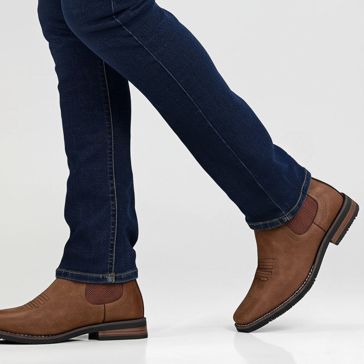 Men's Western Chelsea Slip-On Ankle Boots — Faux Leather Block Heel 3