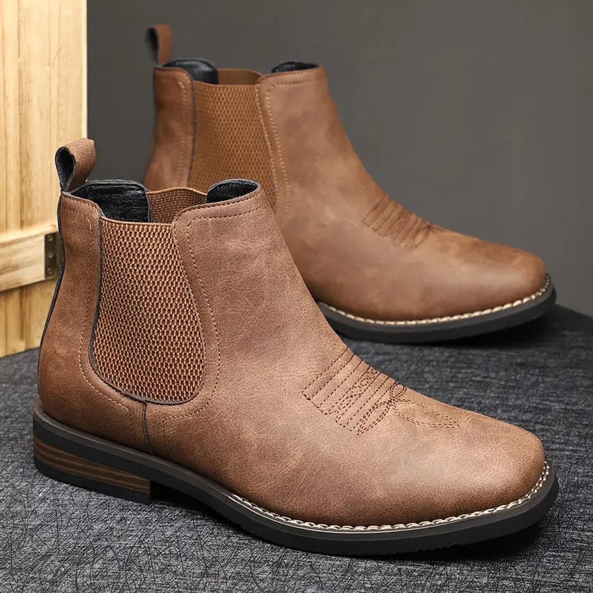 Men's Western Chelsea Slip-On Ankle Boots — Faux Leather Block Heel 4