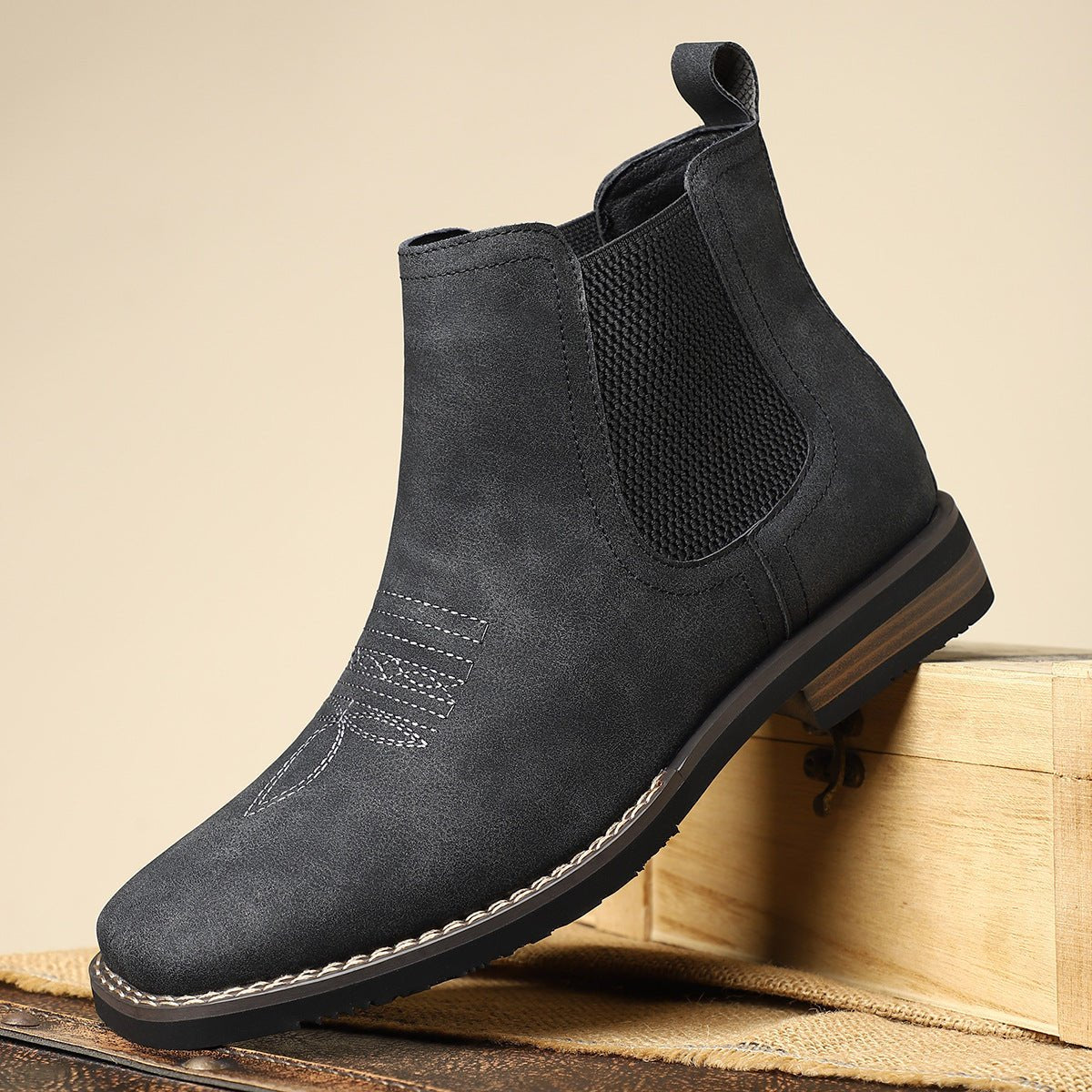 Men's Western Chelsea Slip-On Ankle Boots — Faux Leather Block Heel 5