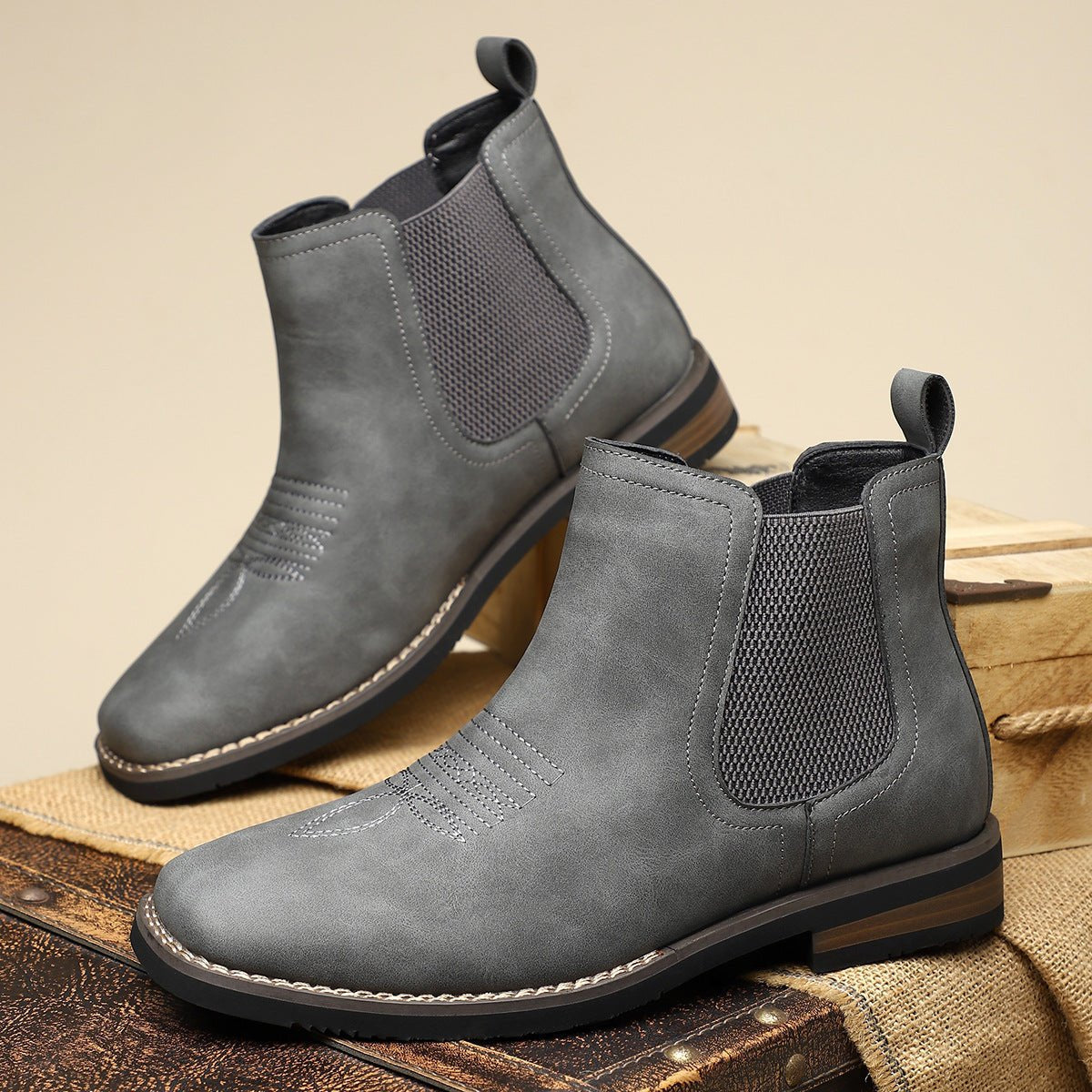 Men's Western Chelsea Slip-On Ankle Boots — Faux Leather Block Heel 6