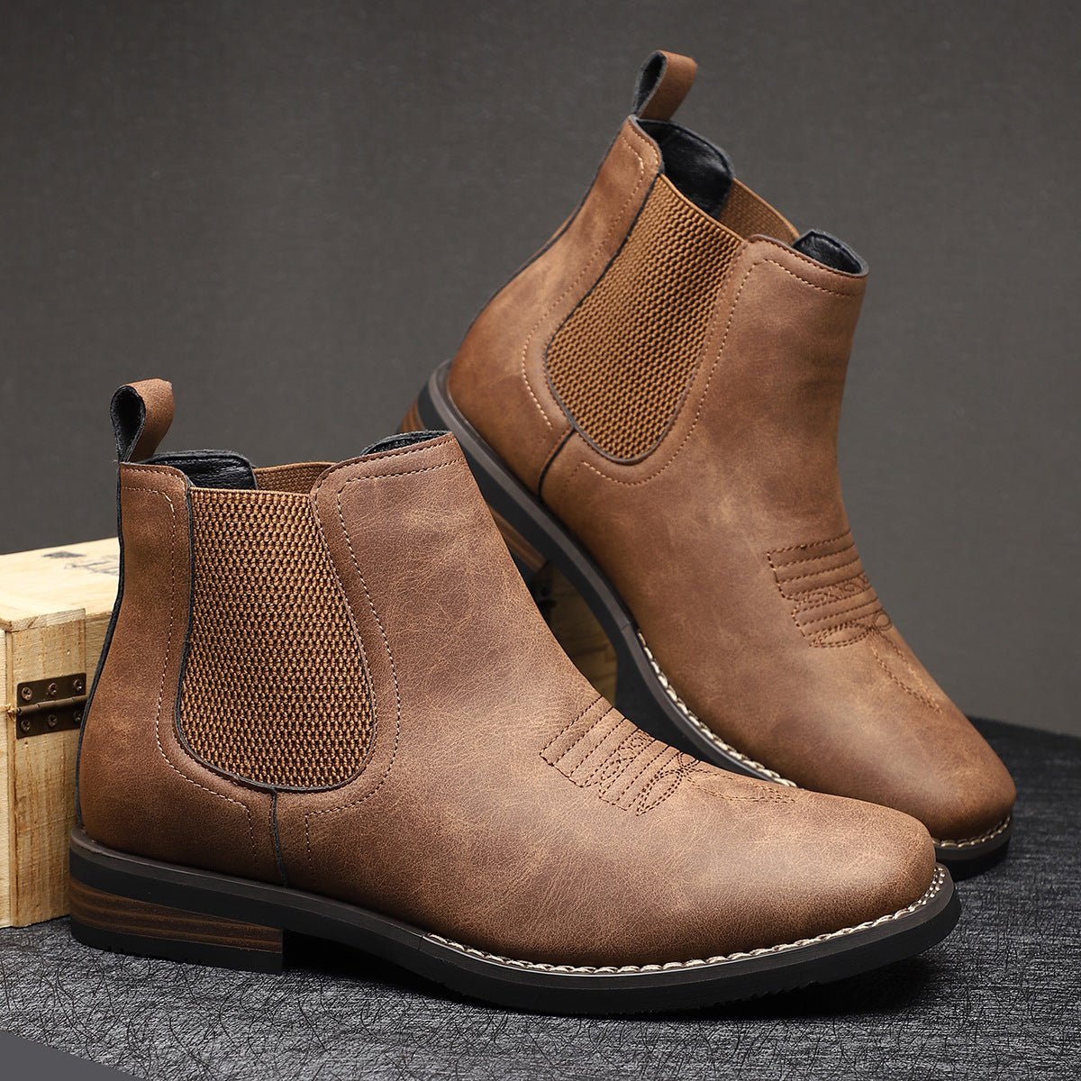 Men's Western Chelsea Slip-On Ankle Boots — Faux Leather Block Heel 7