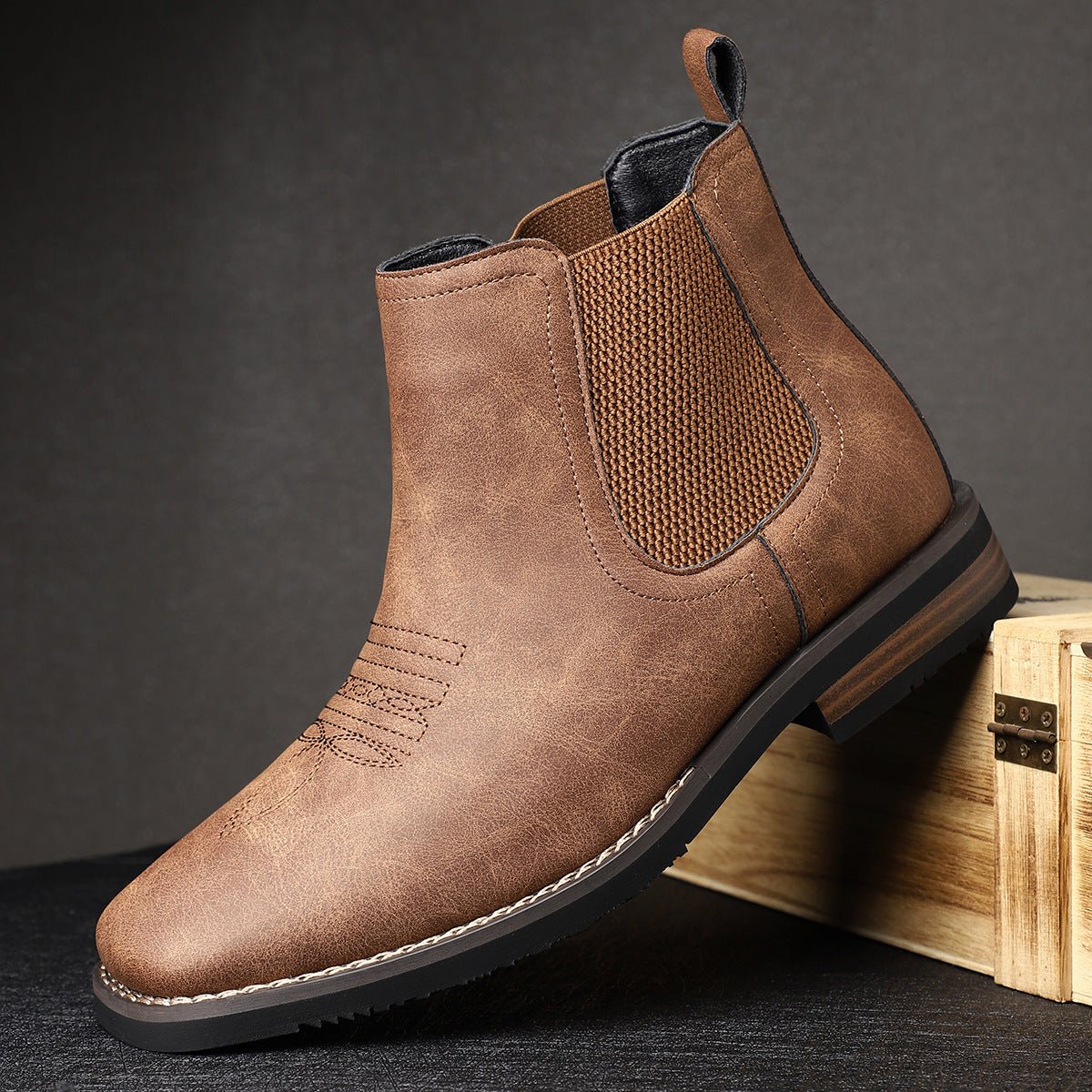 Men's Western Chelsea Slip-On Ankle Boots — Faux Leather Block Heel 8