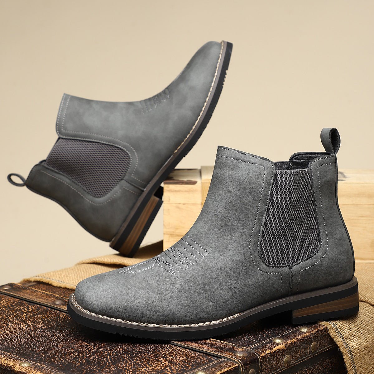 Men's Western Chelsea Slip-On Ankle Boots — Faux Leather Block Heel 9